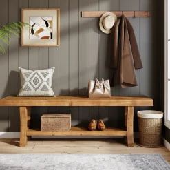 55" Entryway Bench, Solid Wood End of Bed Bench Dining Seat