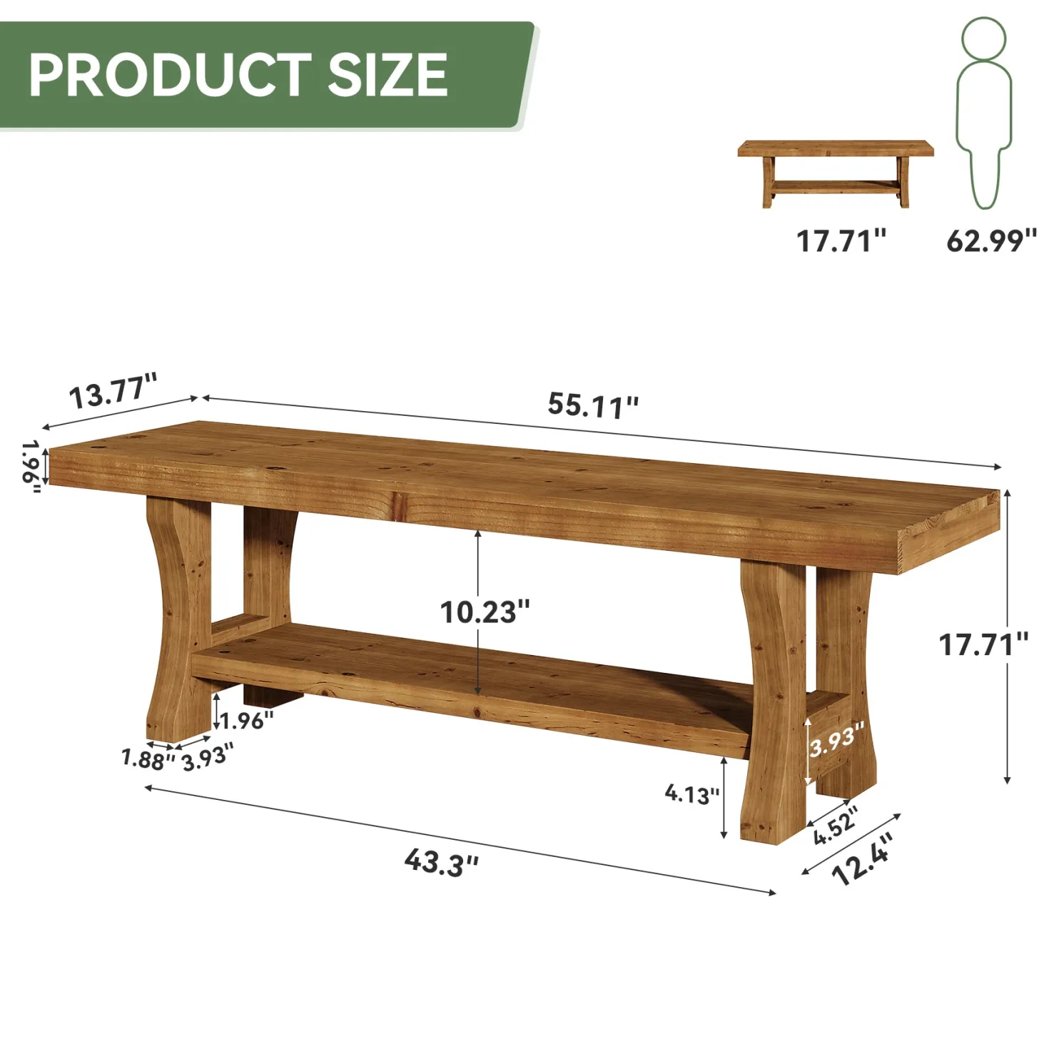 55" Entryway Bench, Solid Wood End of Bed Bench Dining Seat