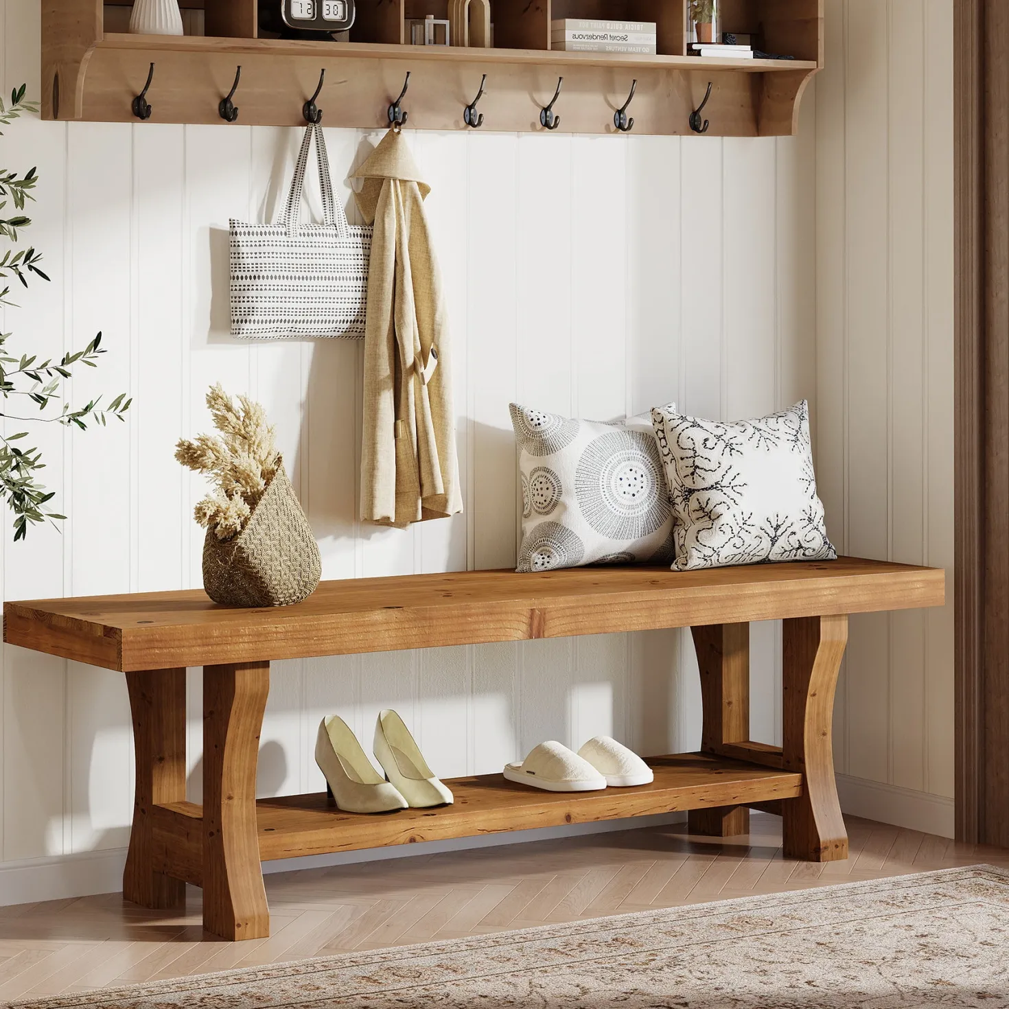 55" Entryway Bench, Solid Wood End of Bed Bench Dining Seat