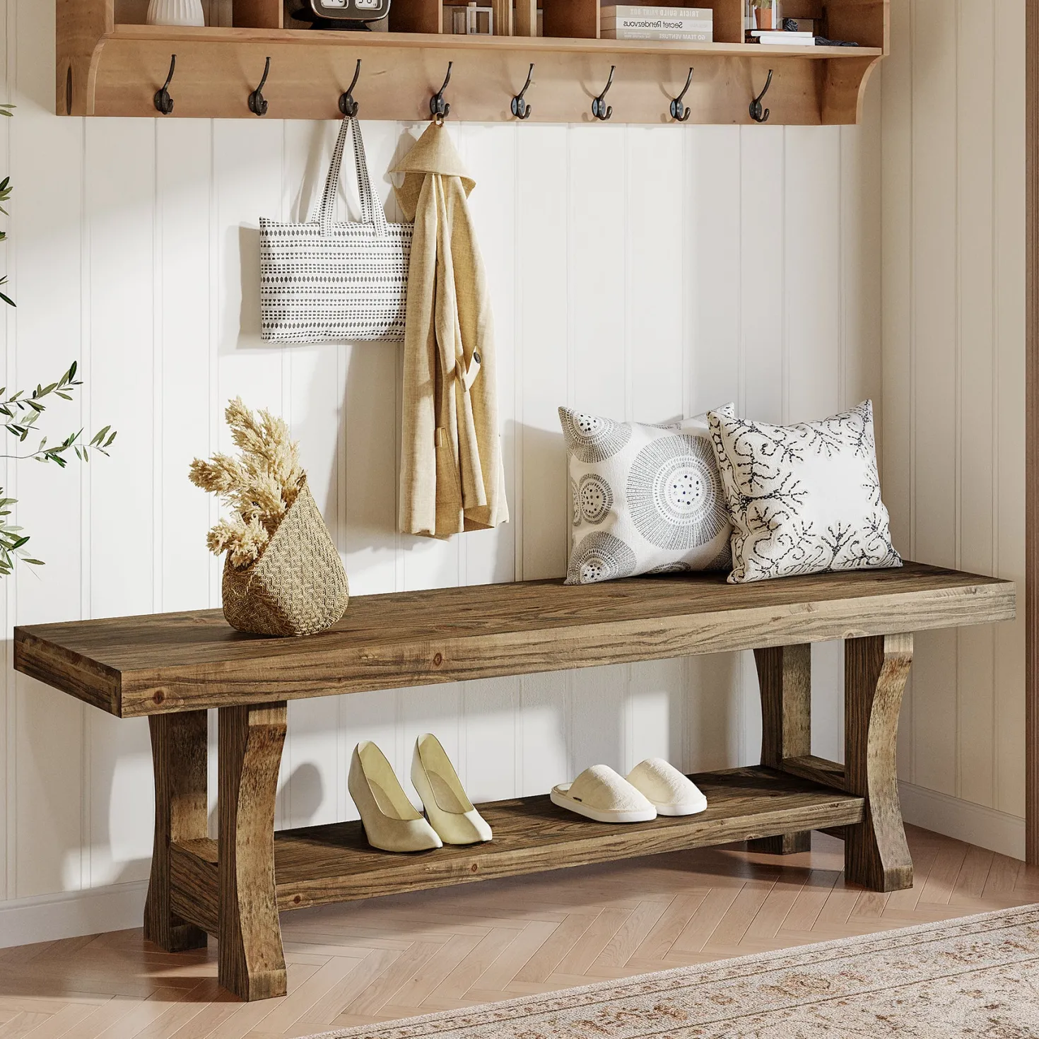 55" Entryway Bench, Solid Wood End of Bed Bench Dining Seat