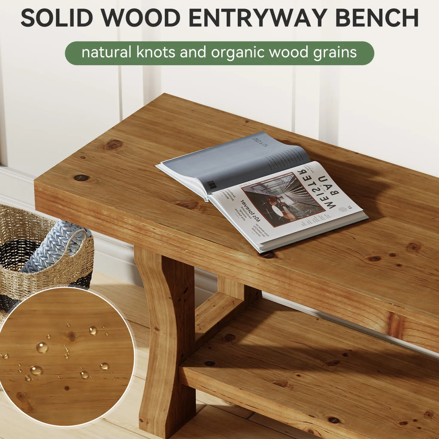 55" Entryway Bench, Solid Wood End of Bed Bench Dining Seat
