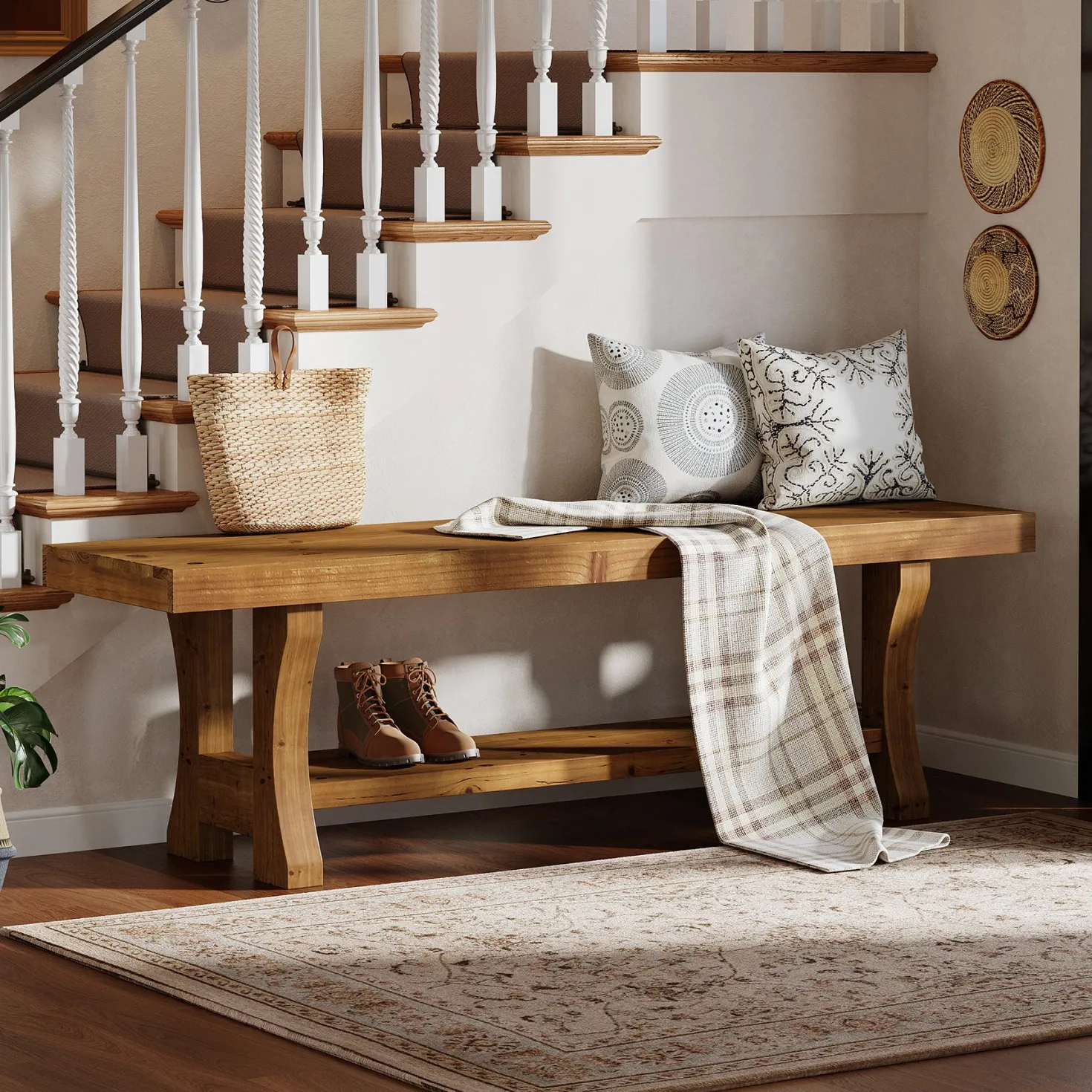 55" Entryway Bench, Solid Wood End of Bed Bench Dining Seat