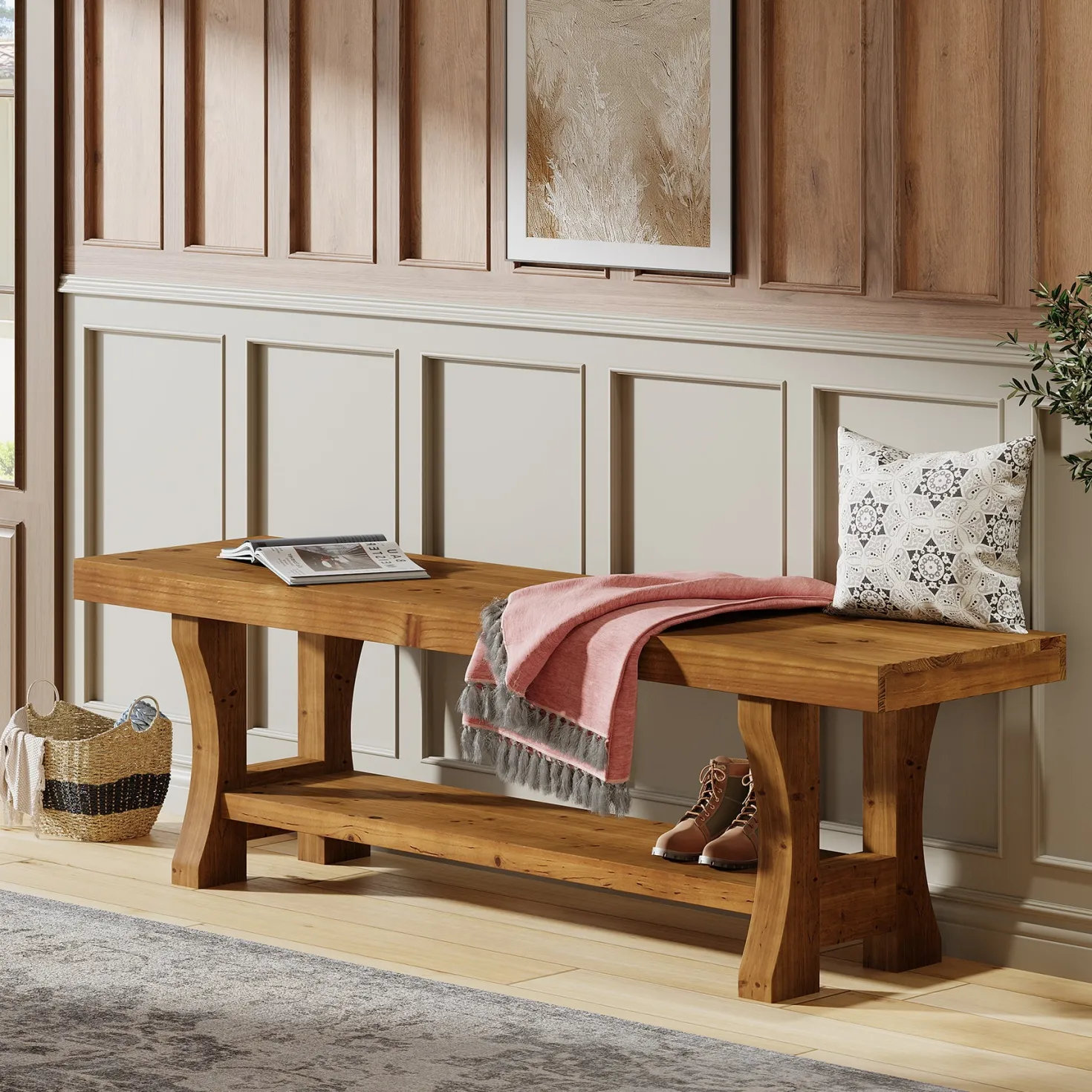 55" Entryway Bench, Solid Wood End of Bed Bench Dining Seat