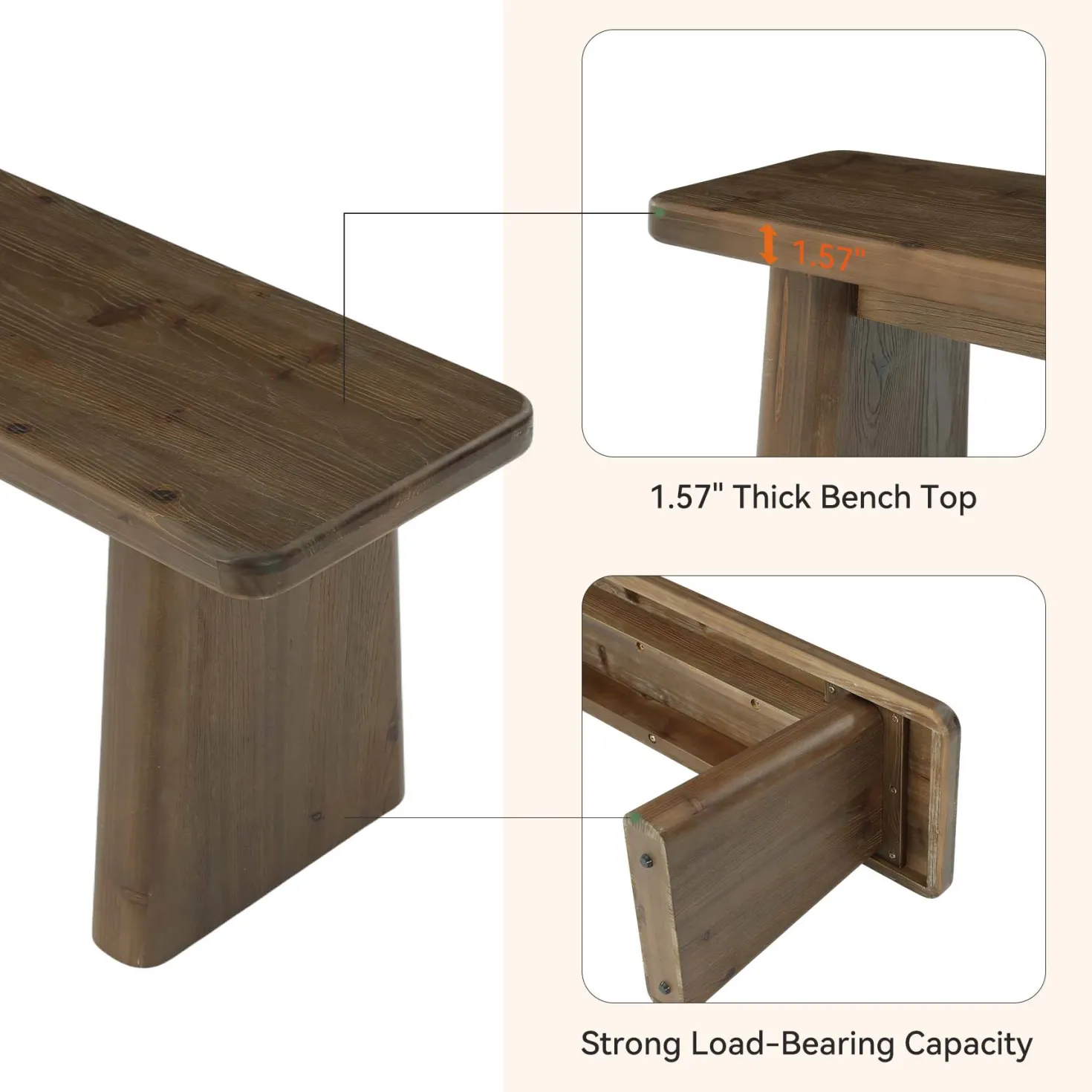 55" Entryway Bench, Solid Wood End of Bed Bench Dining Bench