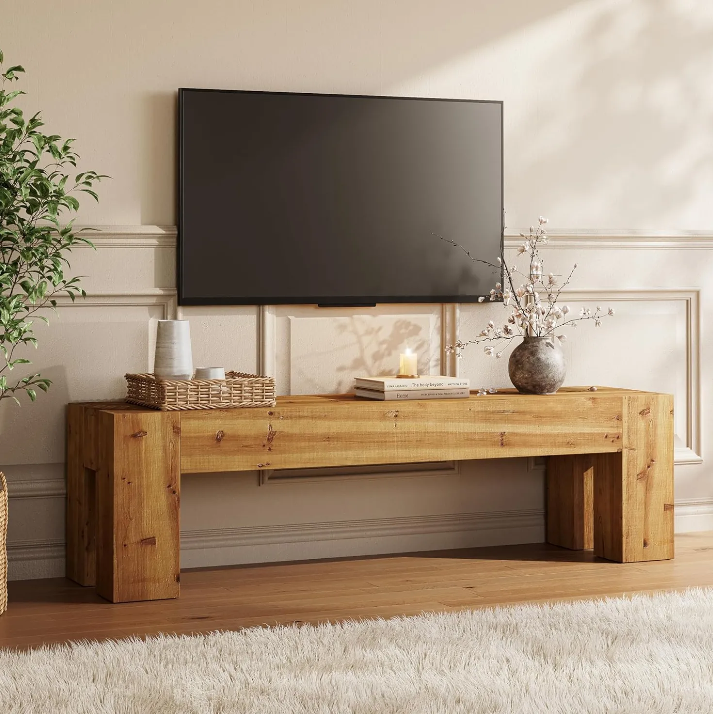 63" Entryway Bench, Solid Wood Bench Heavy Duty TV Stand Media Consoles