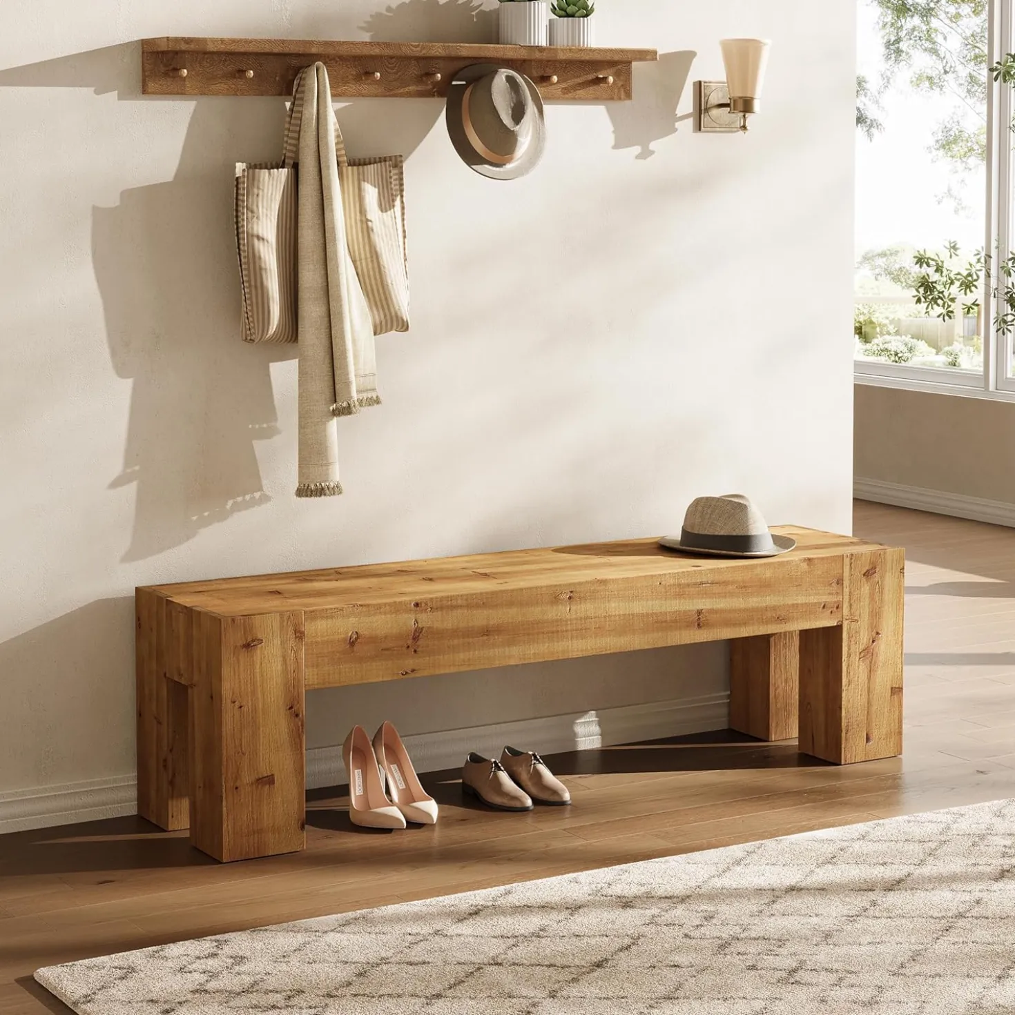 63" Entryway Bench, Solid Wood Bench Heavy Duty TV Stand Media Consoles