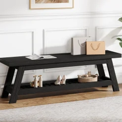 55" Entryway Bench, 2-Tier Foyer Seating Bench with Shoe Storage