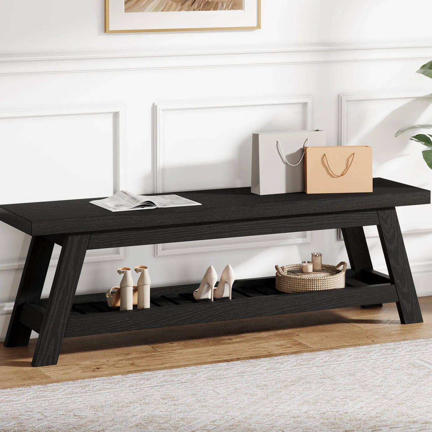 55" Entryway Bench, 2-Tier Foyer Seating Bench with Shoe Storage