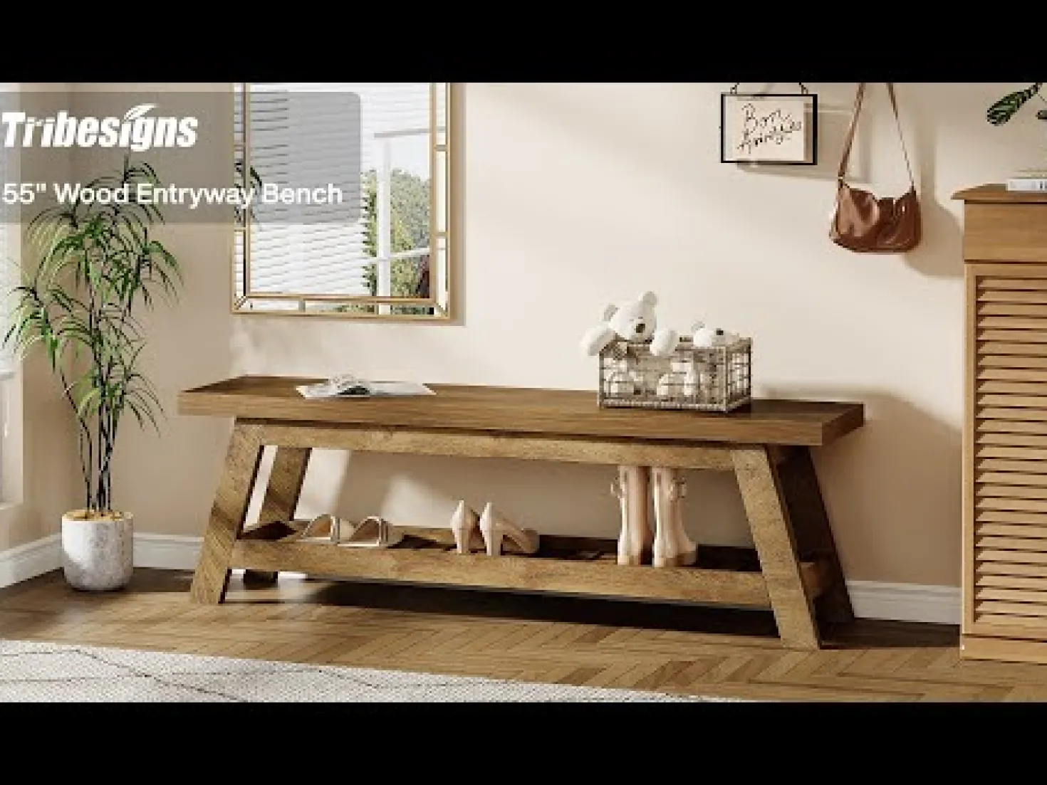 55" Entryway Bench, 2-Tier Foyer Seating Bench with Shoe Storage