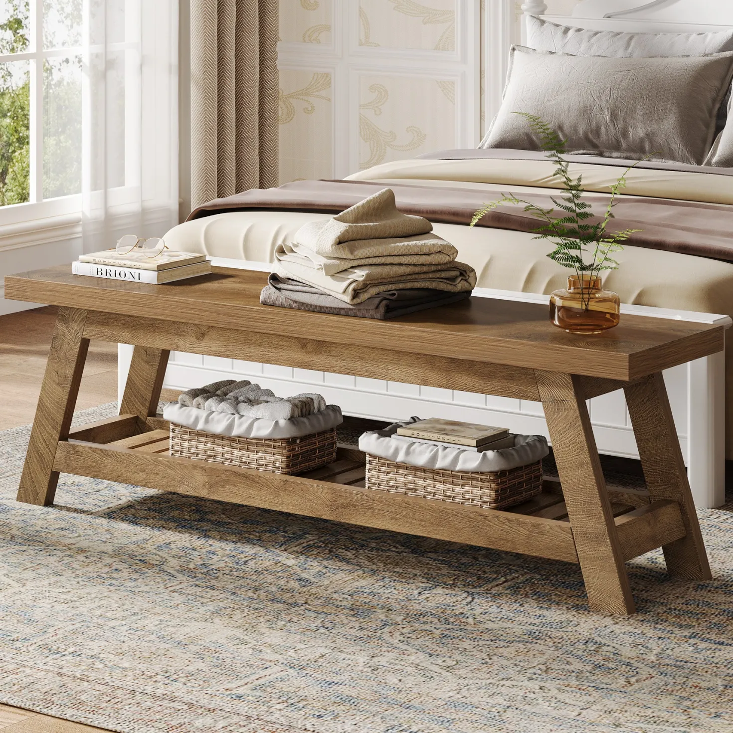 55" Entryway Bench, 2-Tier Foyer Seating Bench with Shoe Storage