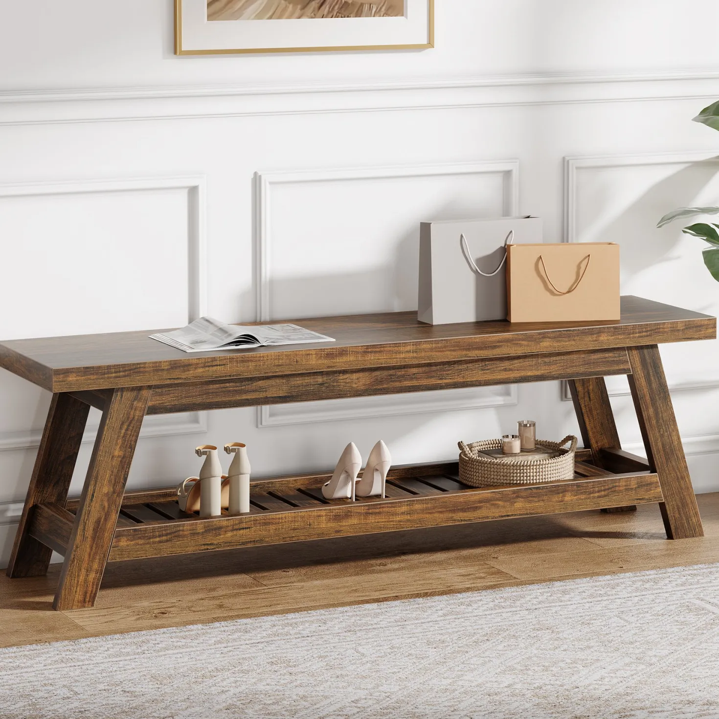55" Entryway Bench, 2-Tier Foyer Seating Bench with Shoe Storage