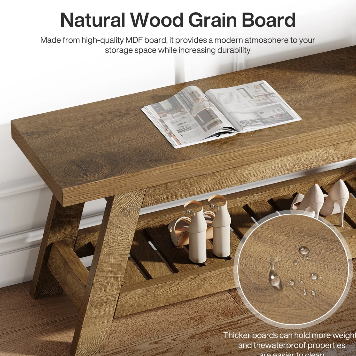 55" Entryway Bench, 2-Tier Foyer Seating Bench with Shoe Storage