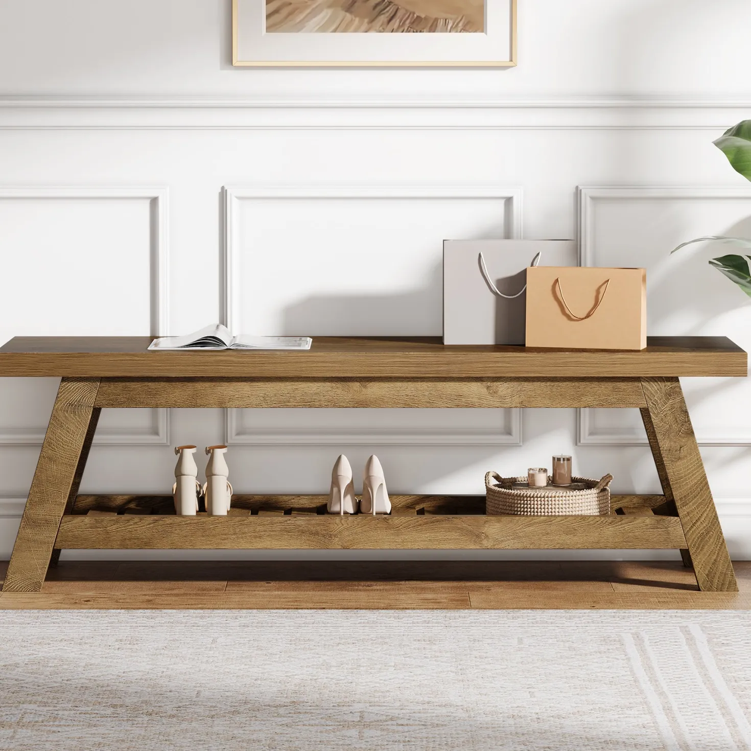 55" Entryway Bench, 2-Tier Foyer Seating Bench with Shoe Storage