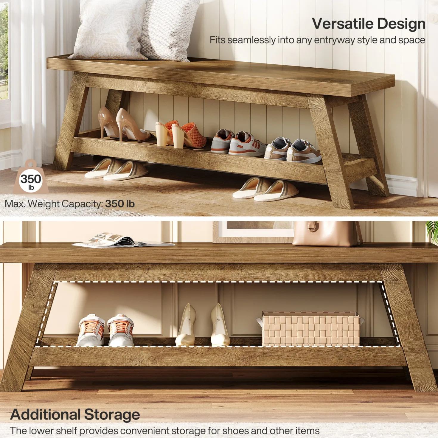 55" Entryway Bench, 2-Tier Foyer Seating Bench with Shoe Storage