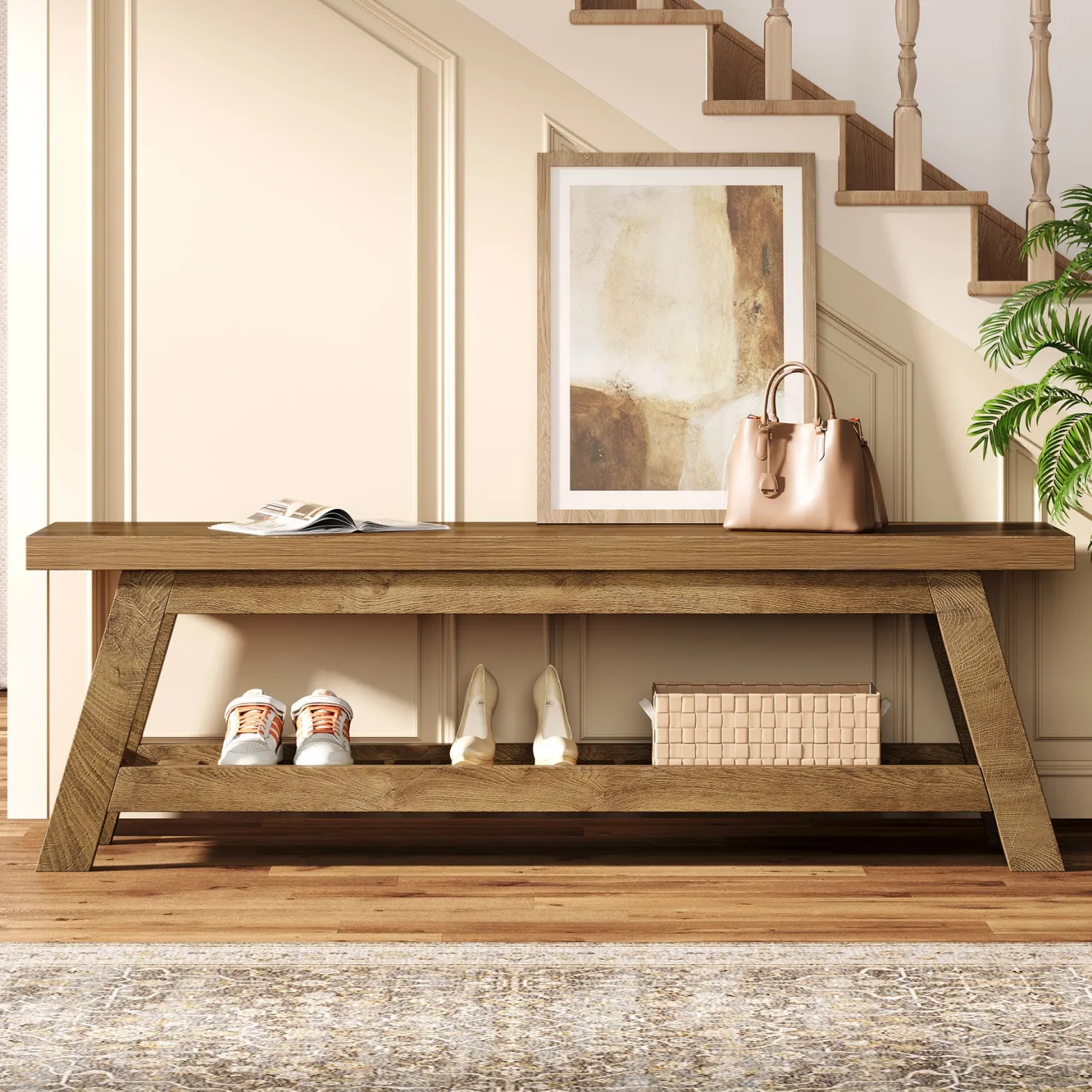 55" Entryway Bench, 2-Tier Foyer Seating Bench with Shoe Storage