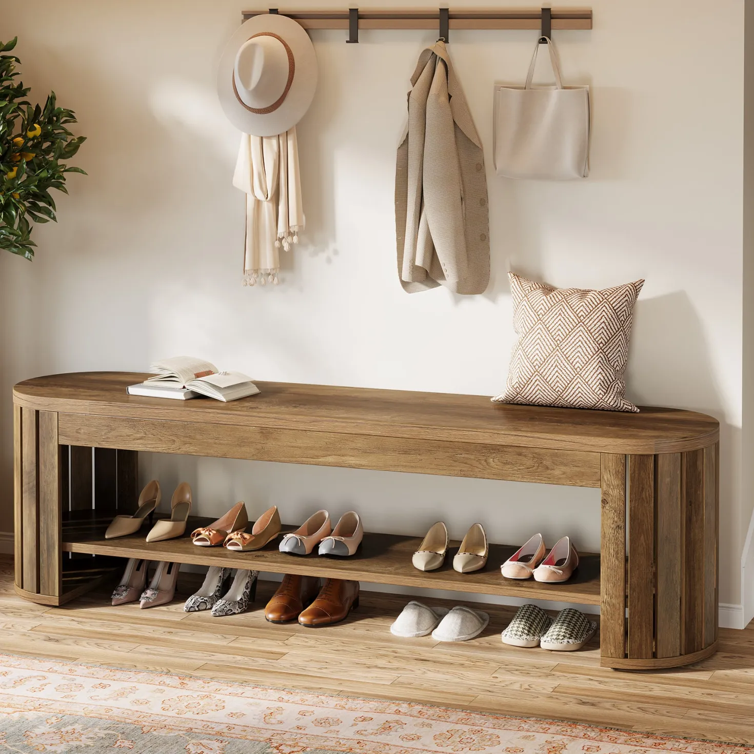 63" Entryway Bench, 2-Tier Narrow Shoe Bench with Shoe Storage
