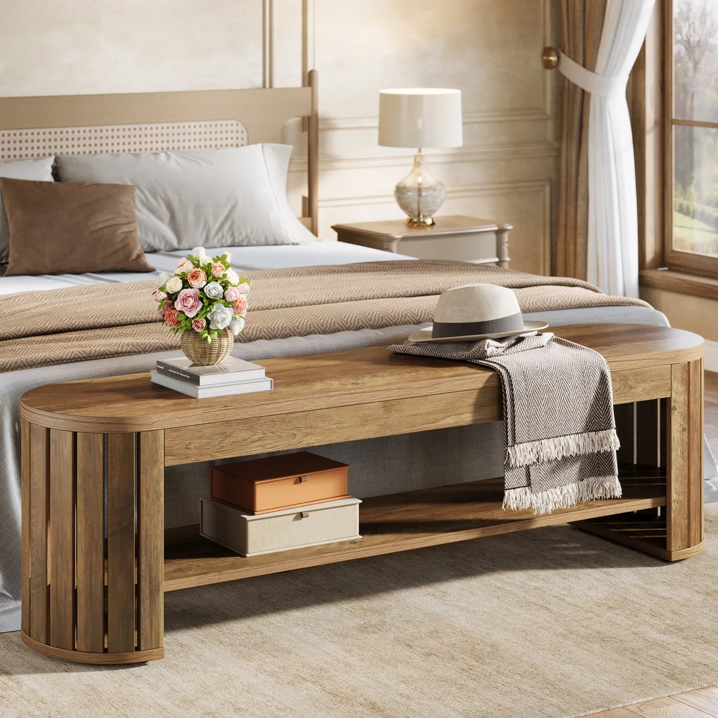63" Entryway Bench, 2-Tier Narrow Shoe Bench with Shoe Storage