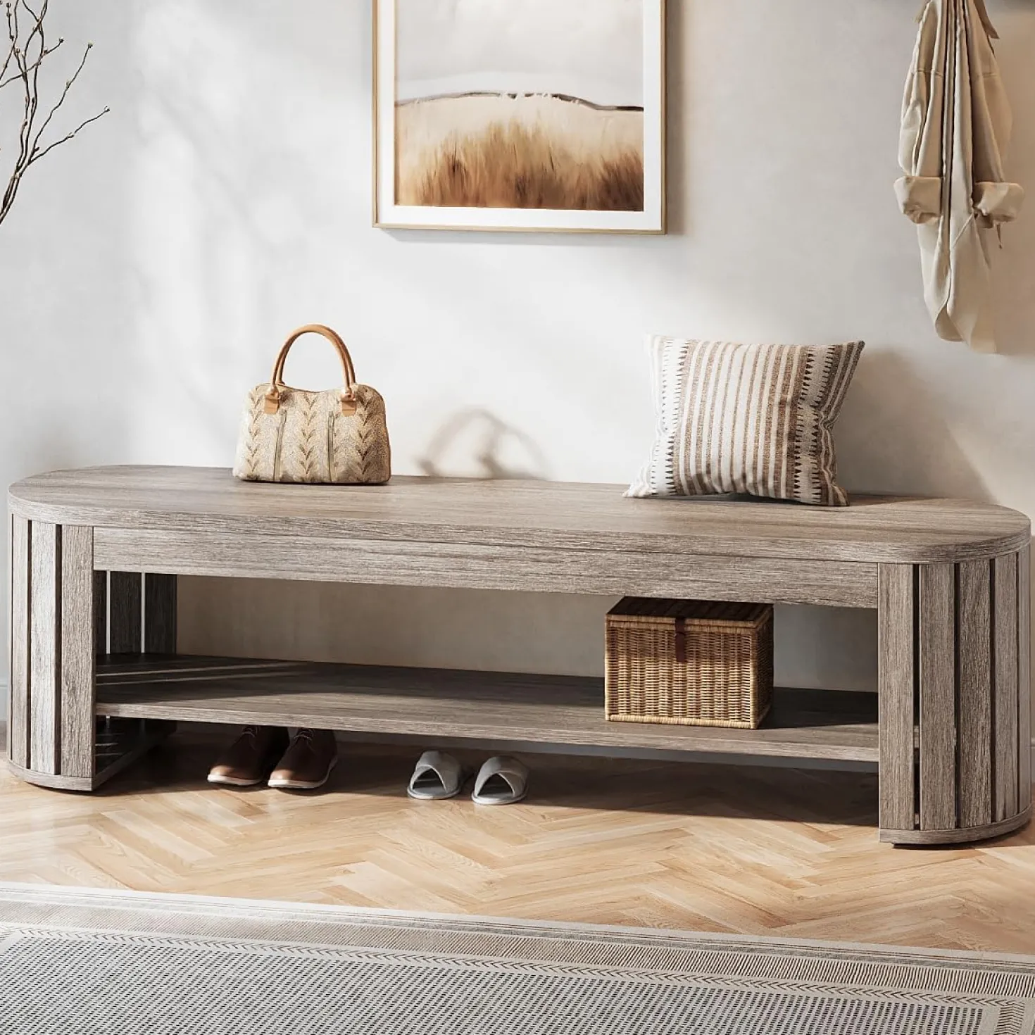 63" Entryway Bench, 2-Tier Narrow Shoe Bench with Shoe Storage