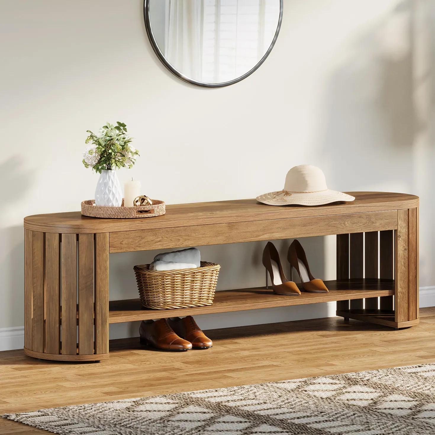 63" Entryway Bench, 2-Tier Narrow Shoe Bench with Shoe Storage