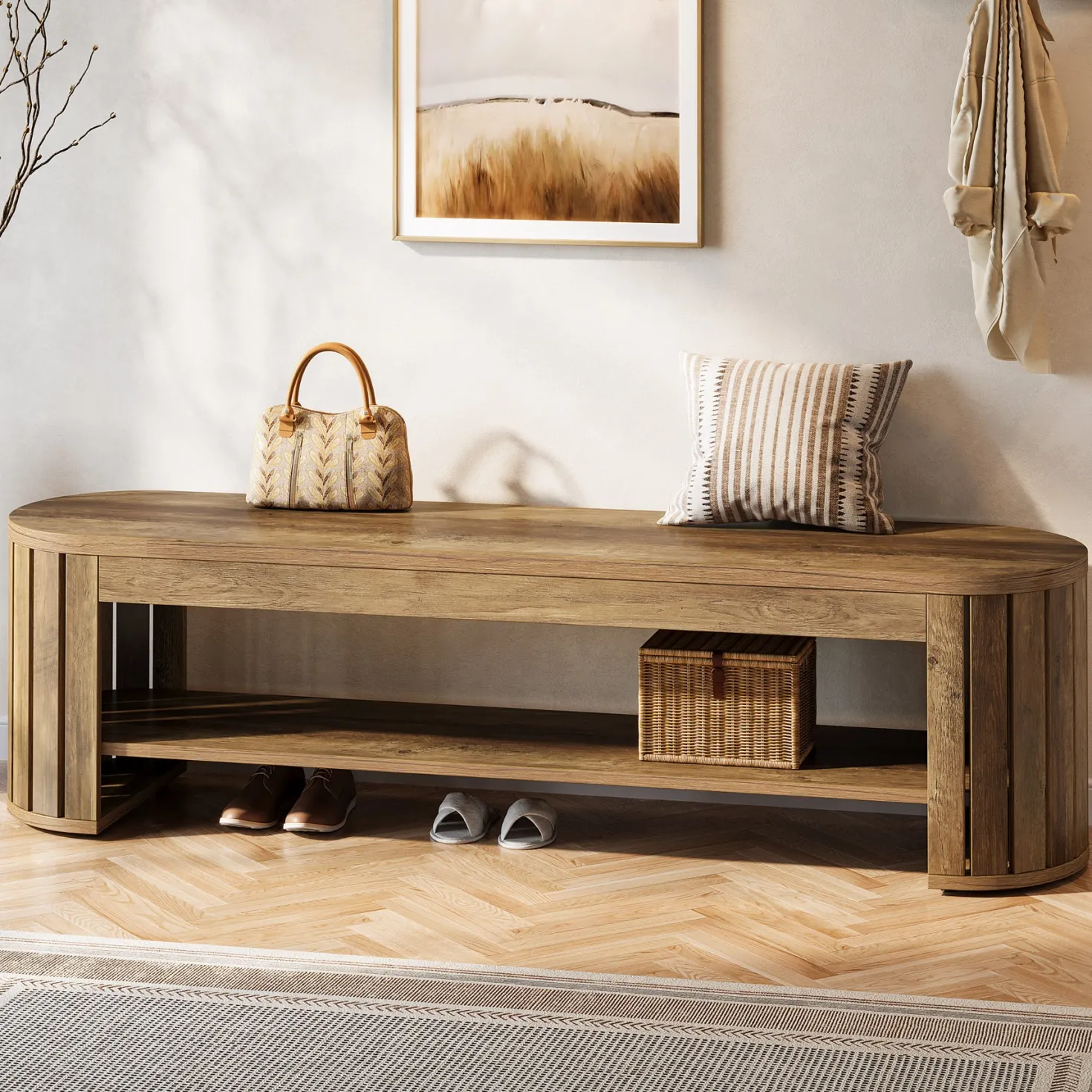 63" Entryway Bench, 2-Tier Narrow Shoe Bench with Shoe Storage