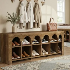 63" Entryway Bench, 2-Tier Narrow Shoe Storage Bench with Arched Cubbies