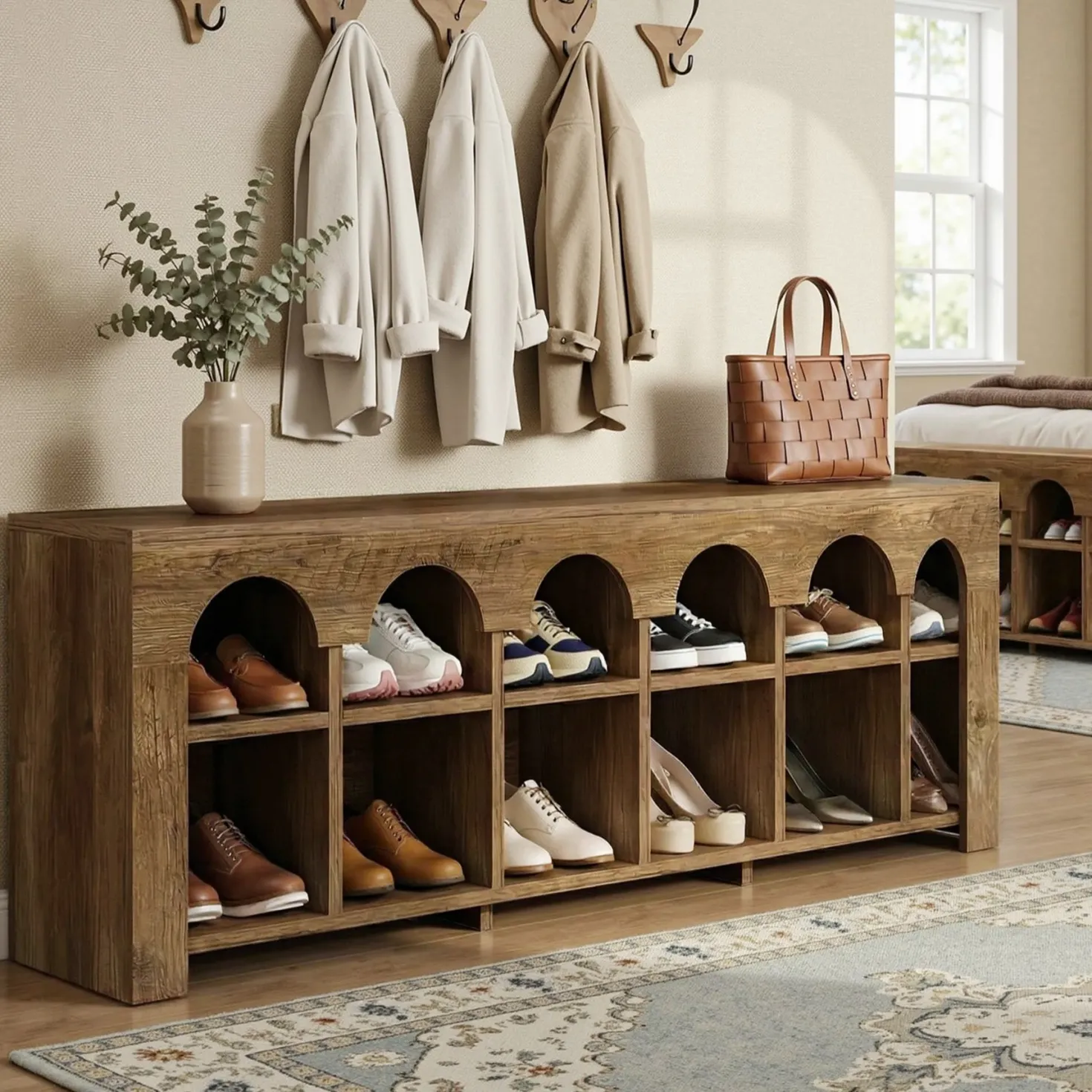 63" Entryway Bench, 2-Tier Narrow Shoe Storage Bench with Arched Cubbies