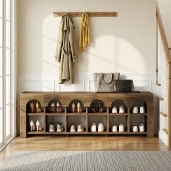 63" Entryway Bench, 2-Tier Narrow Shoe Storage Bench with Arched Cubbies