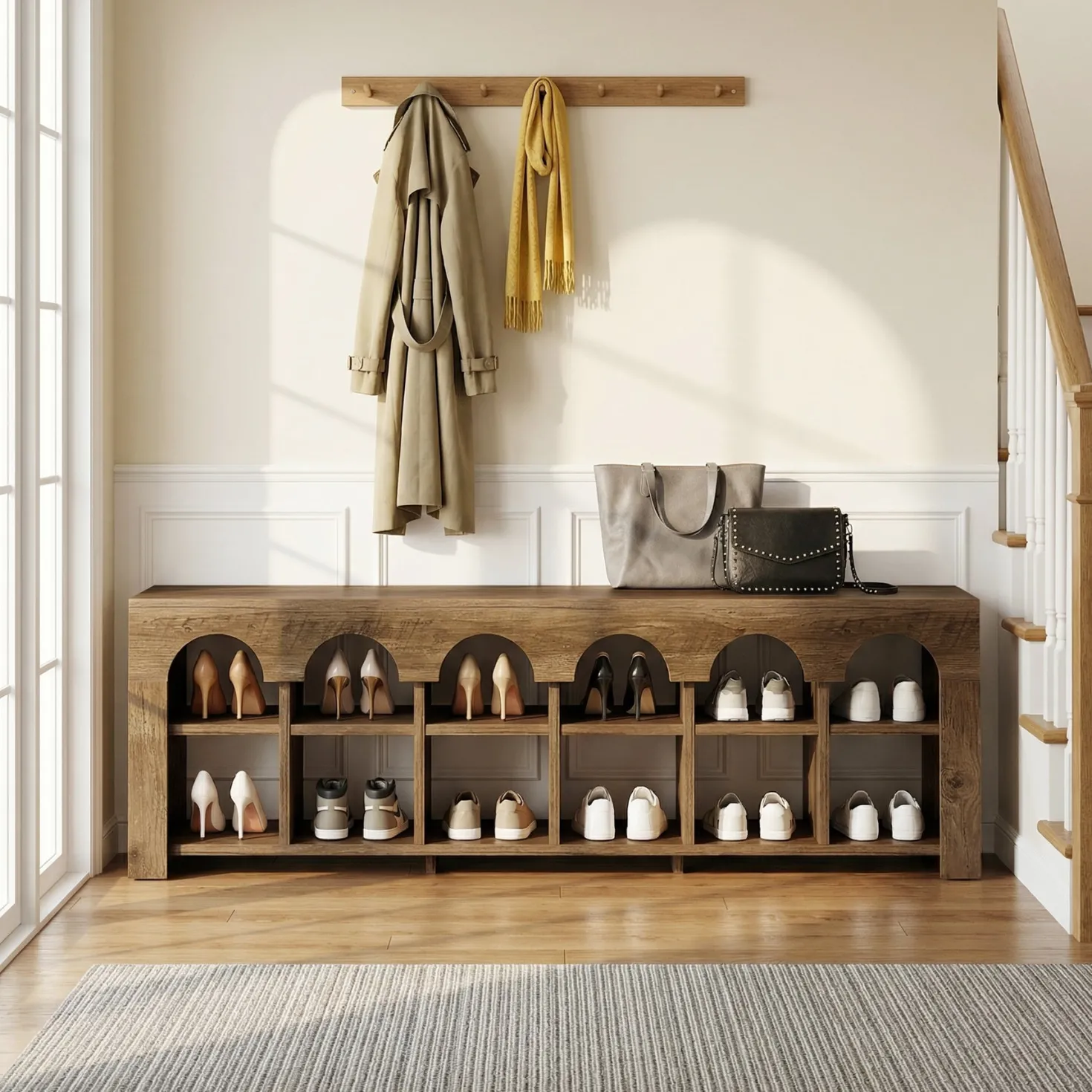 63" Entryway Bench, 2-Tier Narrow Shoe Storage Bench with Arched Cubbies