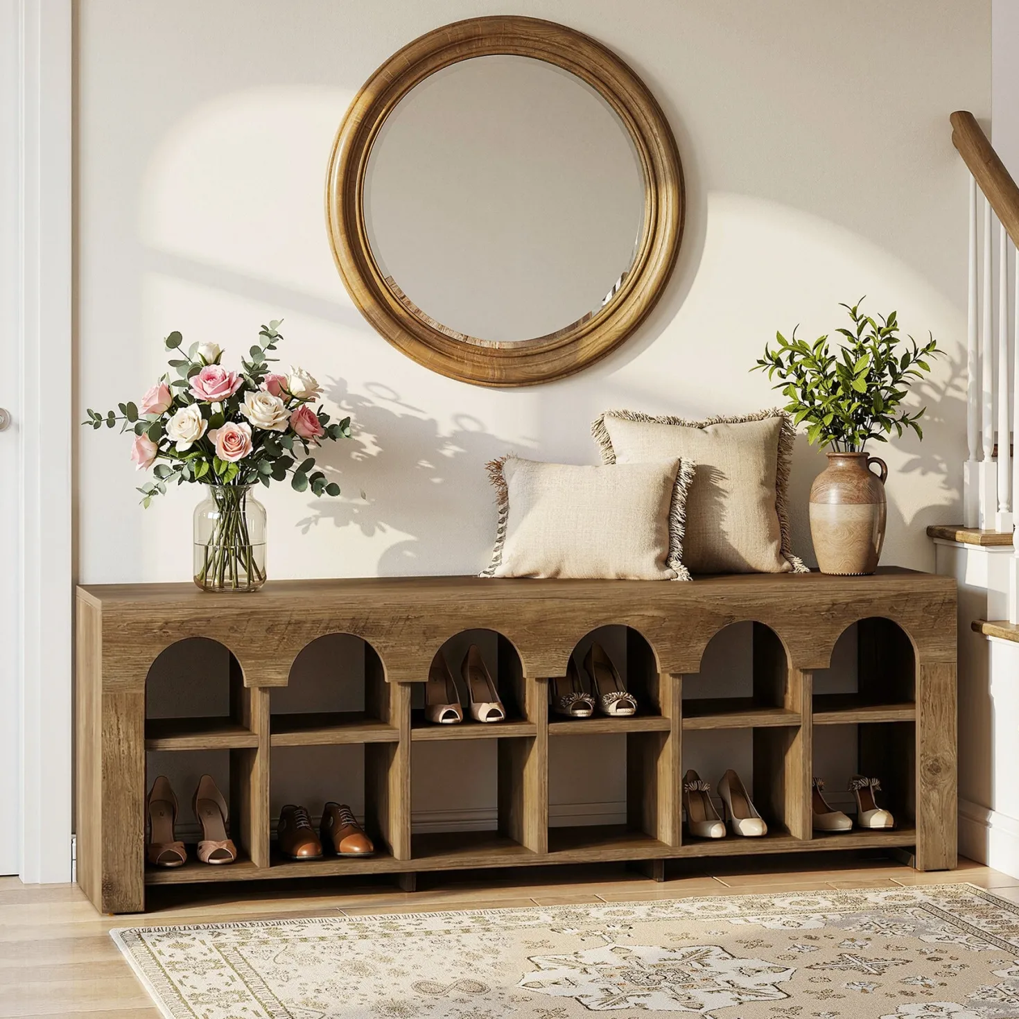 63" Entryway Bench, 2-Tier Narrow Shoe Storage Bench with Arched Cubbies