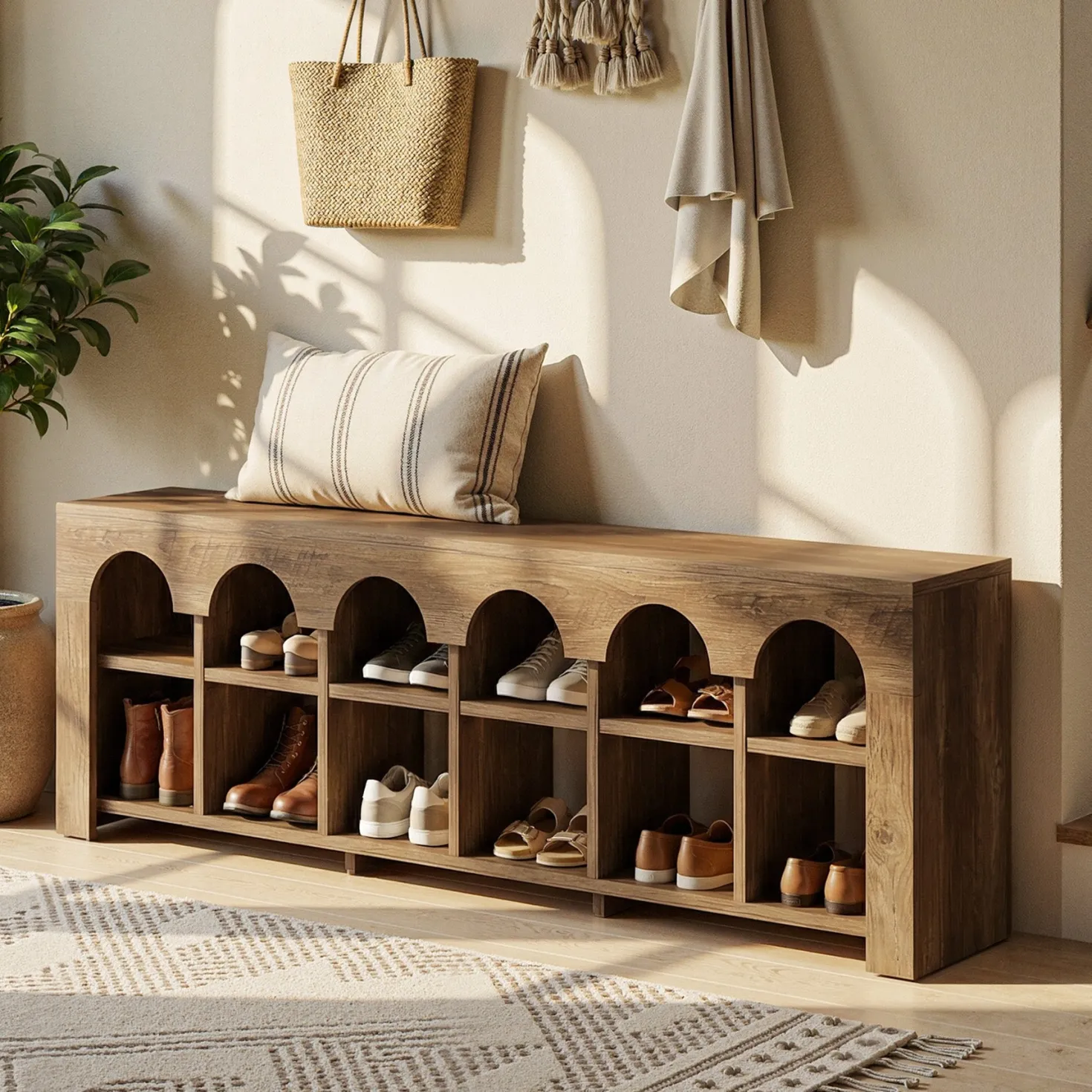 63" Entryway Bench, 2-Tier Narrow Shoe Storage Bench with Arched Cubbies