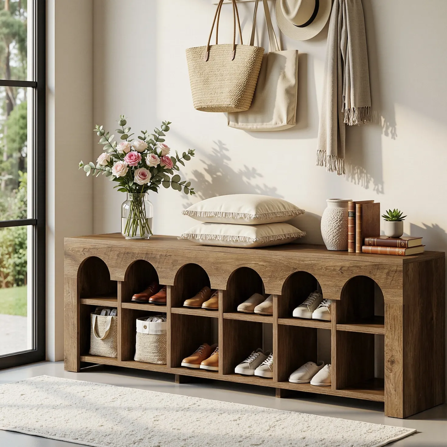 63" Entryway Bench, 2-Tier Narrow Shoe Storage Bench with Arched Cubbies
