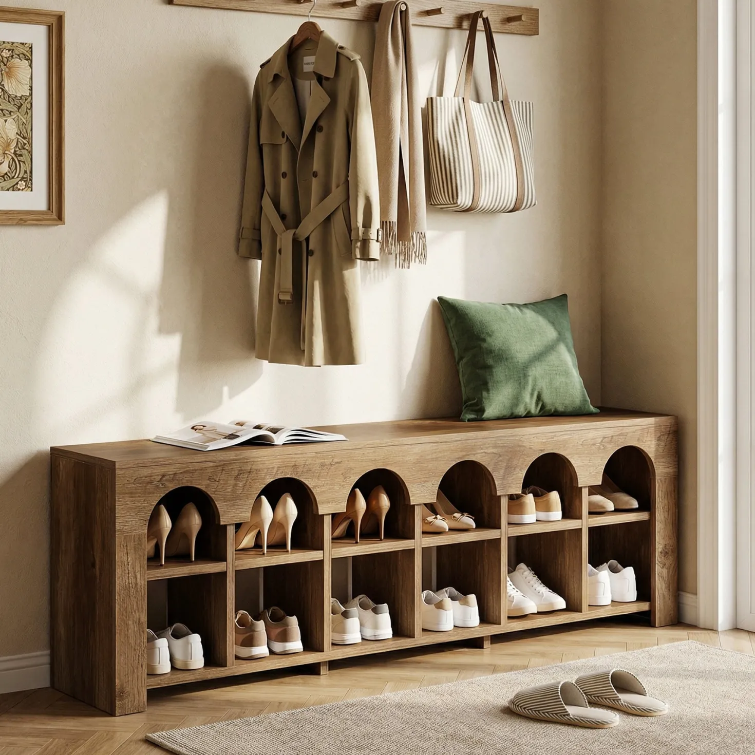 63" Entryway Bench, 2-Tier Narrow Shoe Storage Bench with Arched Cubbies
