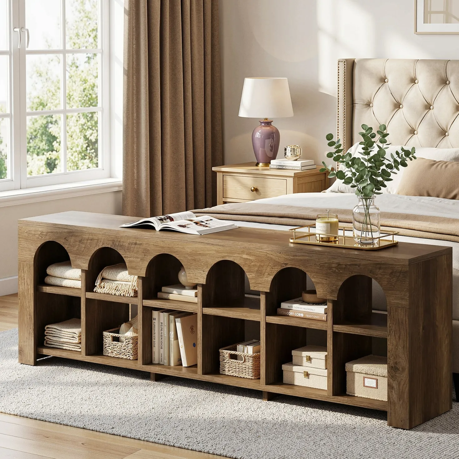 63" Entryway Bench, 2-Tier Narrow Shoe Storage Bench with Arched Cubbies