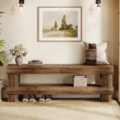 59" Entryway Bench, 2-Tier Shoe Bench Seat End of Bed Storage Benches