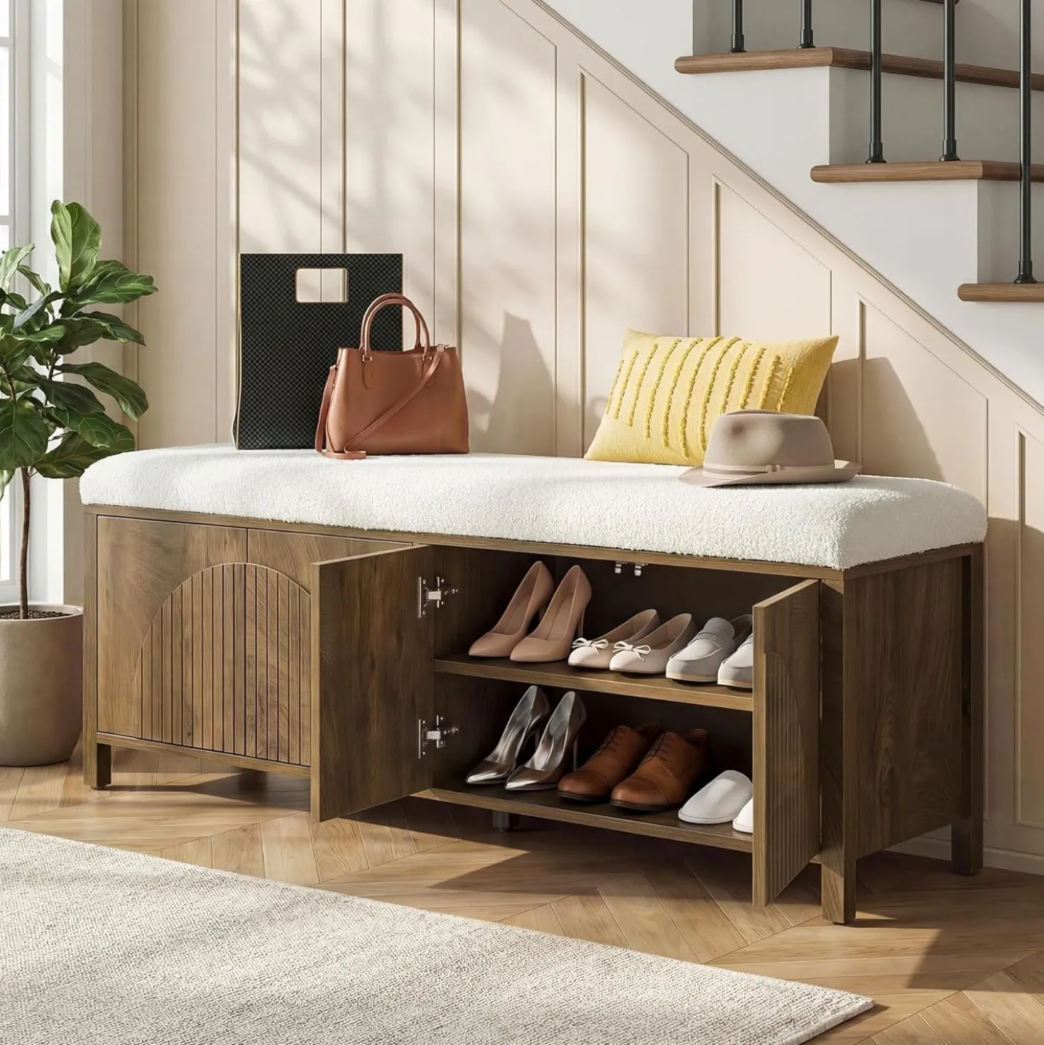 55" Entryway Bench, 2-Tier Shoe Storage Bench with Thickened Padded Seat Cushion