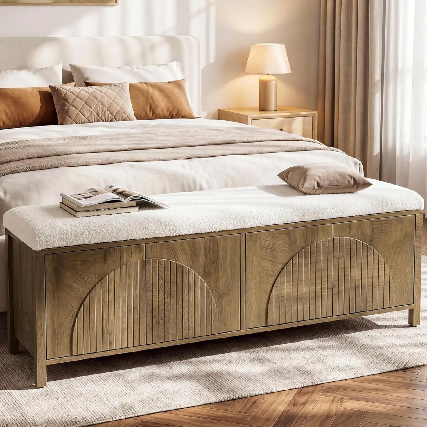 55" Entryway Bench, 2-Tier Shoe Storage Bench with Thickened Padded Seat Cushion