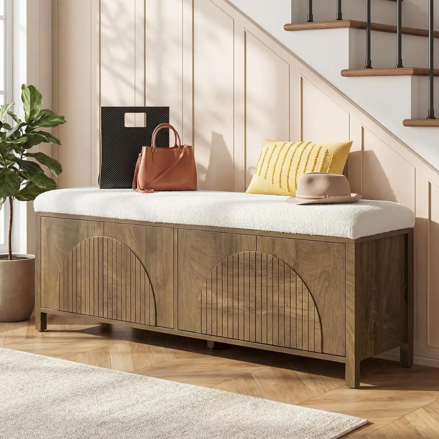 55" Entryway Bench, 2-Tier Shoe Storage Bench with Thickened Padded Seat Cushion