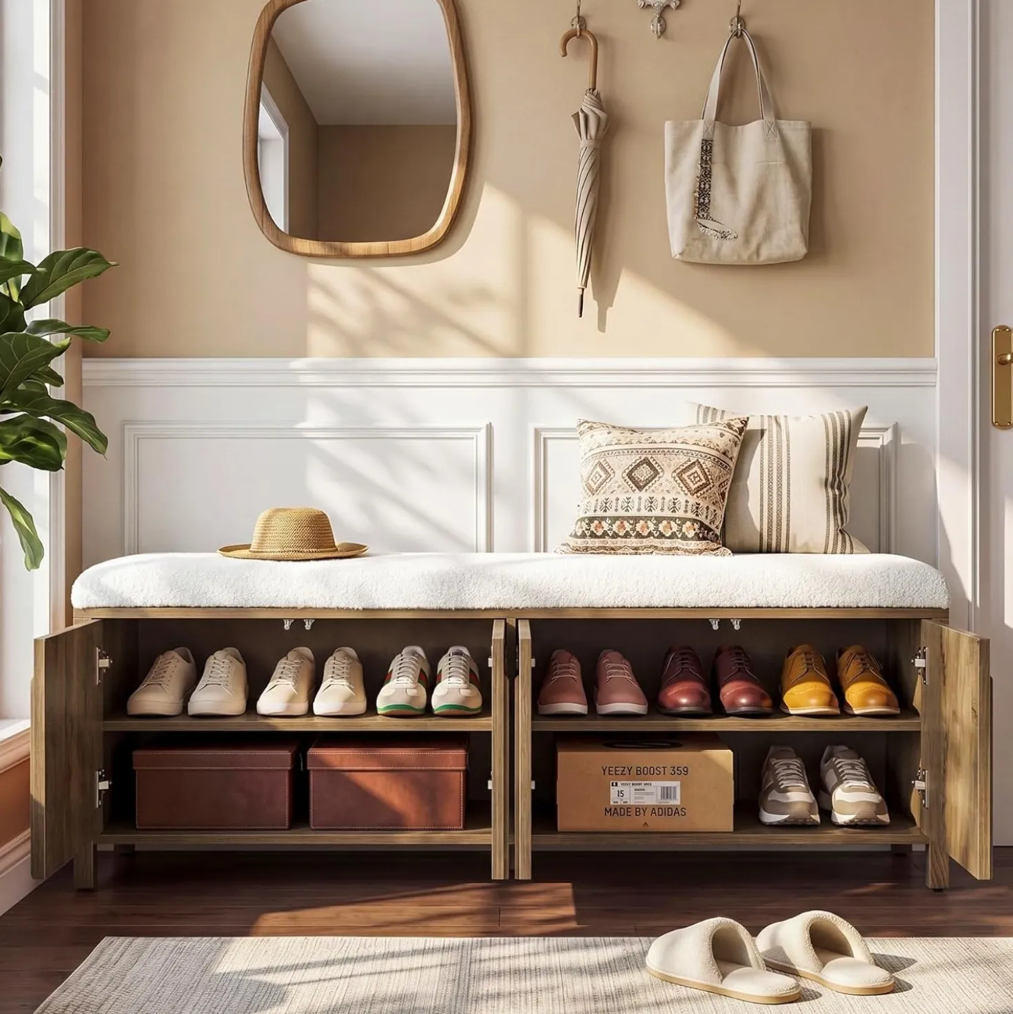 55" Entryway Bench, 2-Tier Shoe Storage Bench with Thickened Padded Seat Cushion