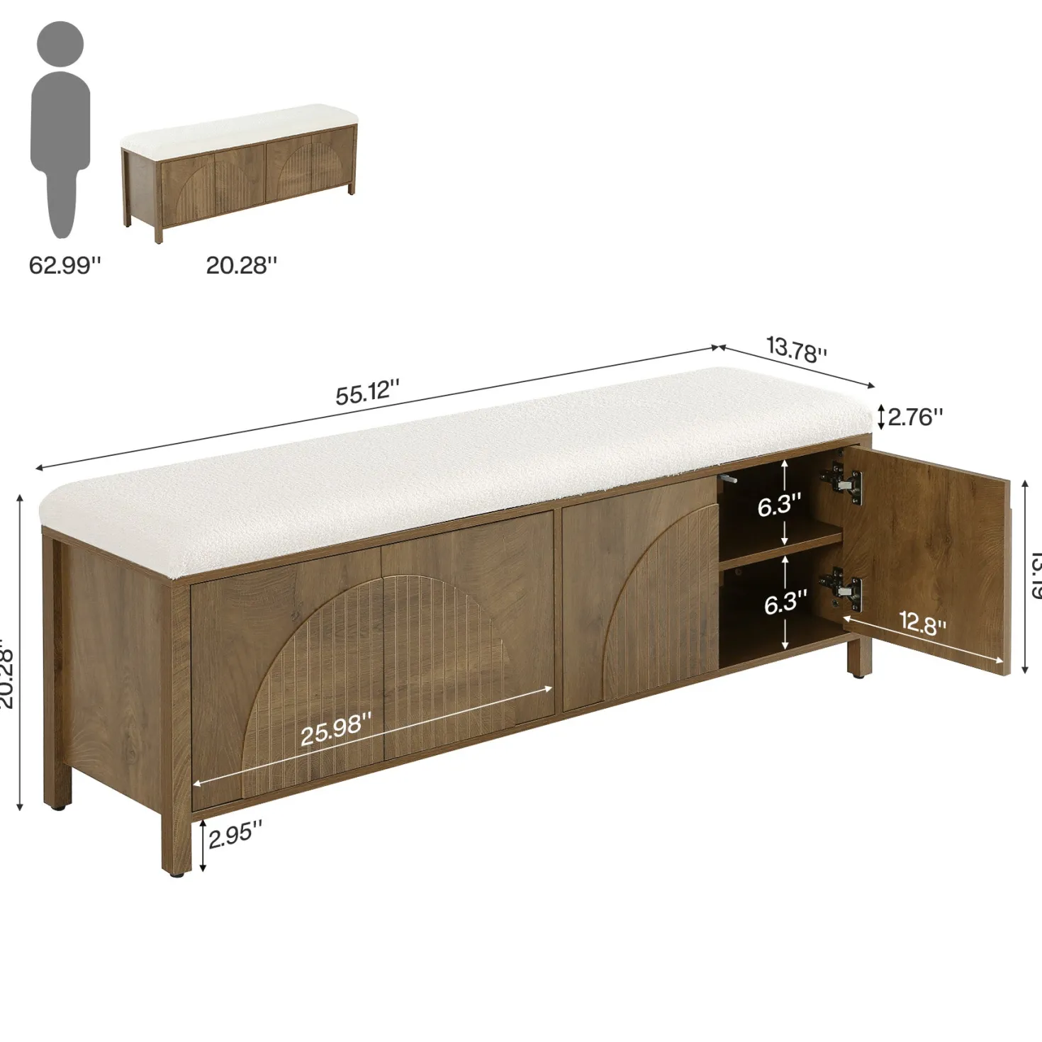 55" Entryway Bench, 2-Tier Shoe Storage Bench with Thickened Padded Seat Cushion
