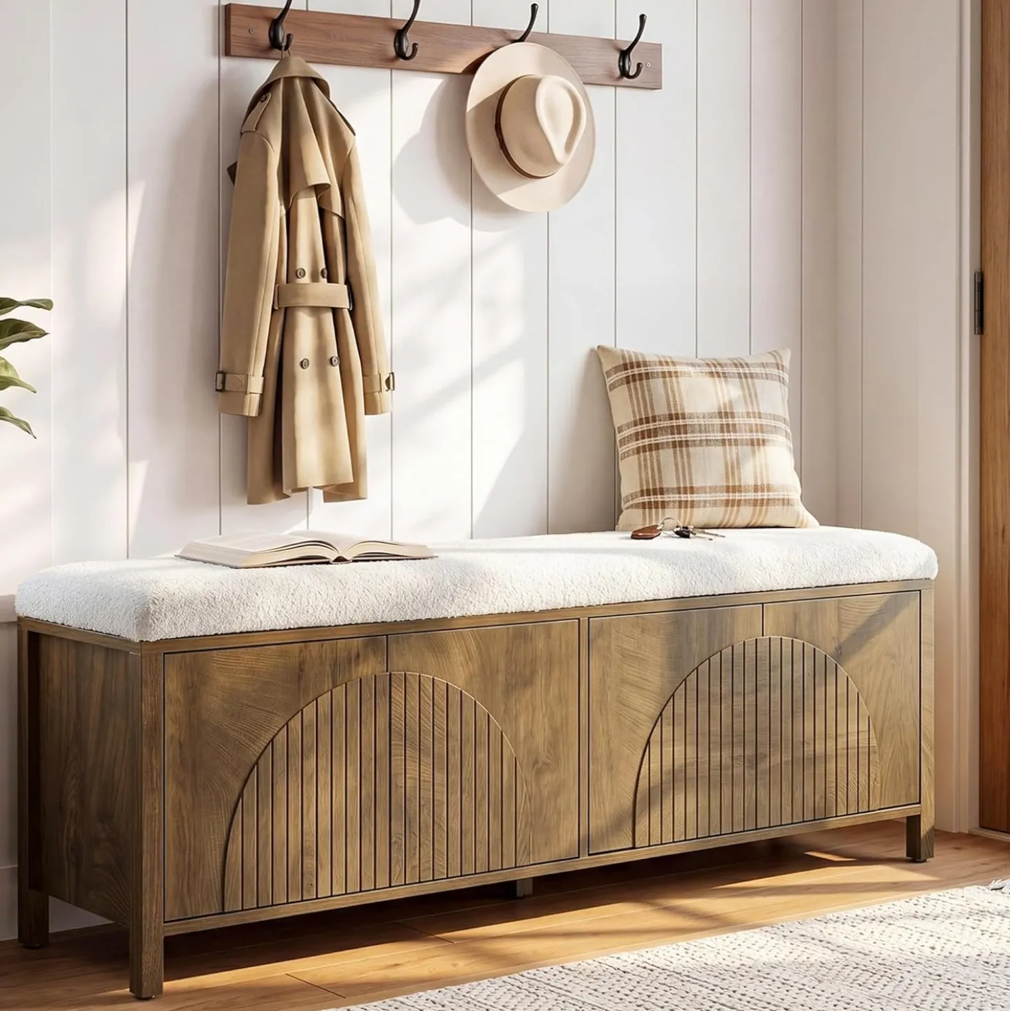 55" Entryway Bench, 2-Tier Shoe Storage Bench with Thickened Padded Seat Cushion