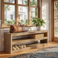 55" Entryway Bench, 3-Tier Shoe Bench End of Bed Seat for Hallway, Bedroom