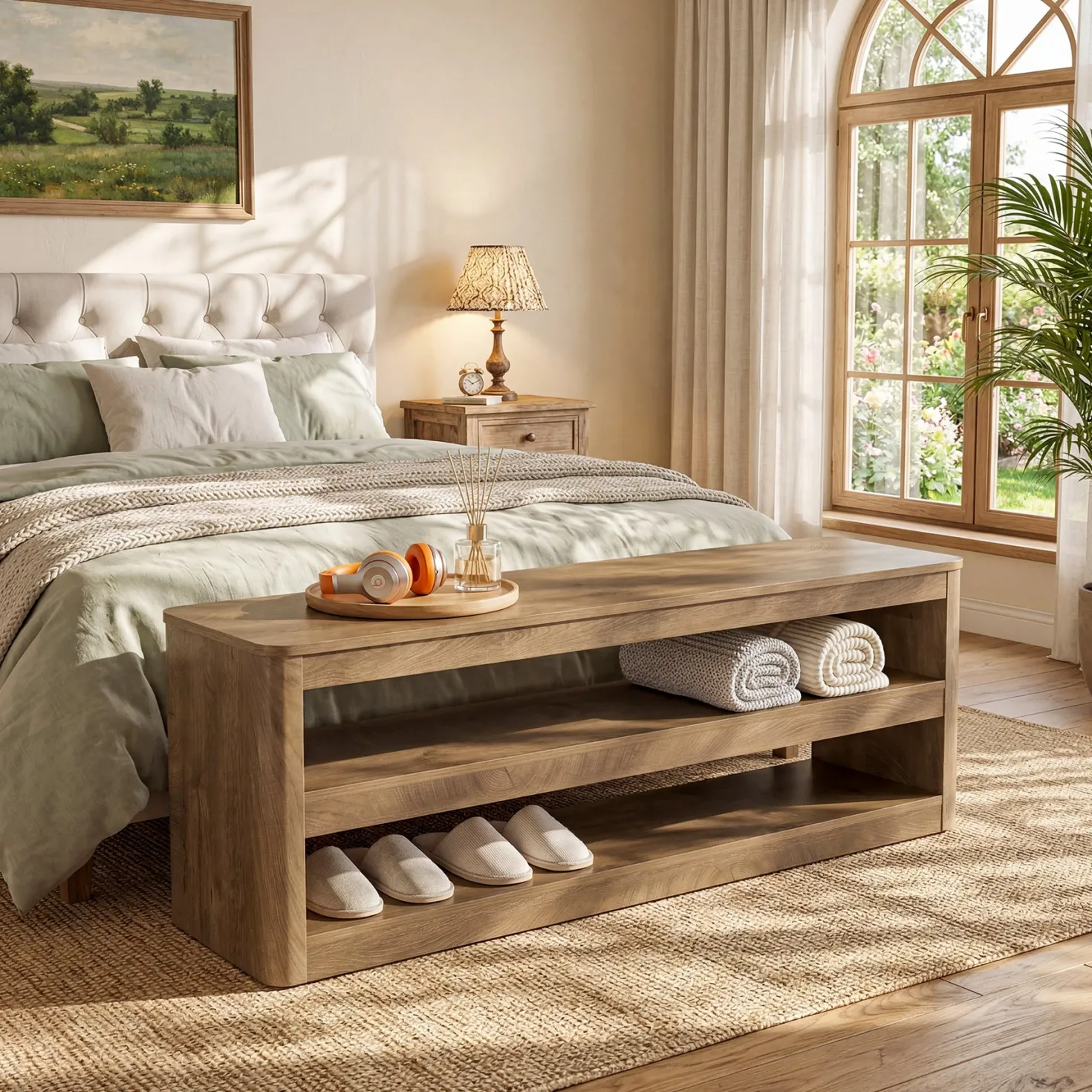 55" Entryway Bench, 3-Tier Shoe Bench End of Bed Seat for Hallway, Bedroom