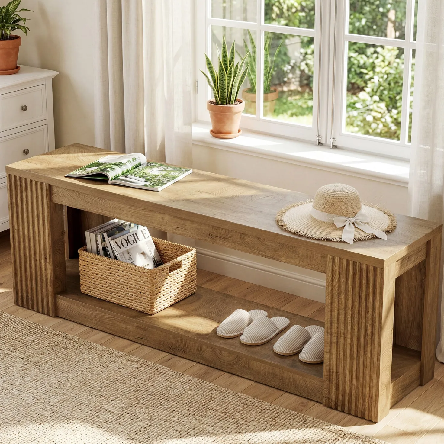 63" Entryway Bench, 2-Tier Shoe Bench End of Bed Seat for Hallway, Bedroom
