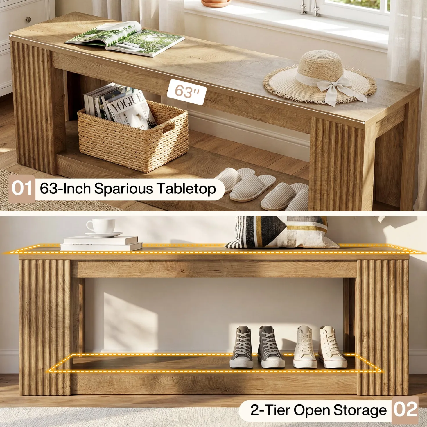 63" Entryway Bench, 2-Tier Shoe Bench End of Bed Seat for Hallway, Bedroom