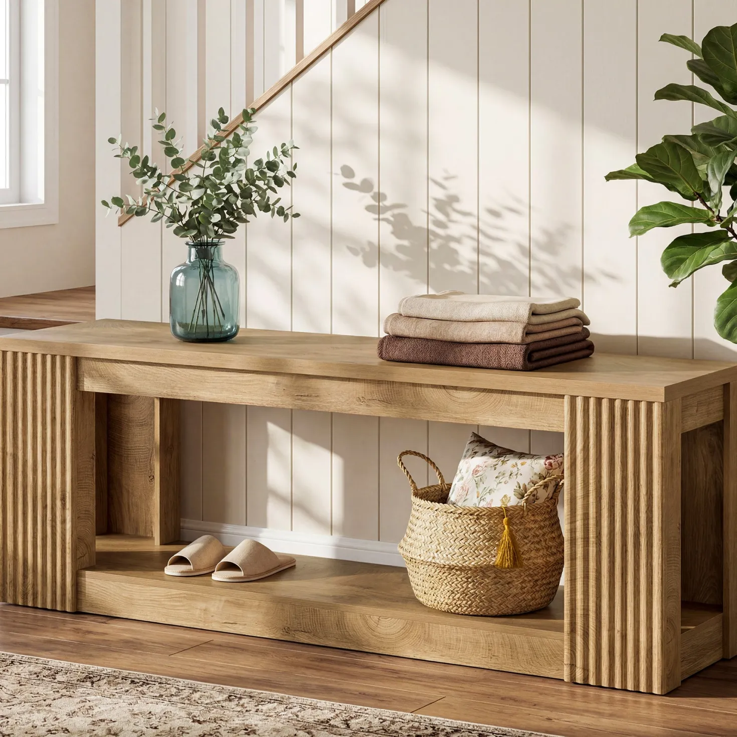 63" Entryway Bench, 2-Tier Shoe Bench End of Bed Seat for Hallway, Bedroom