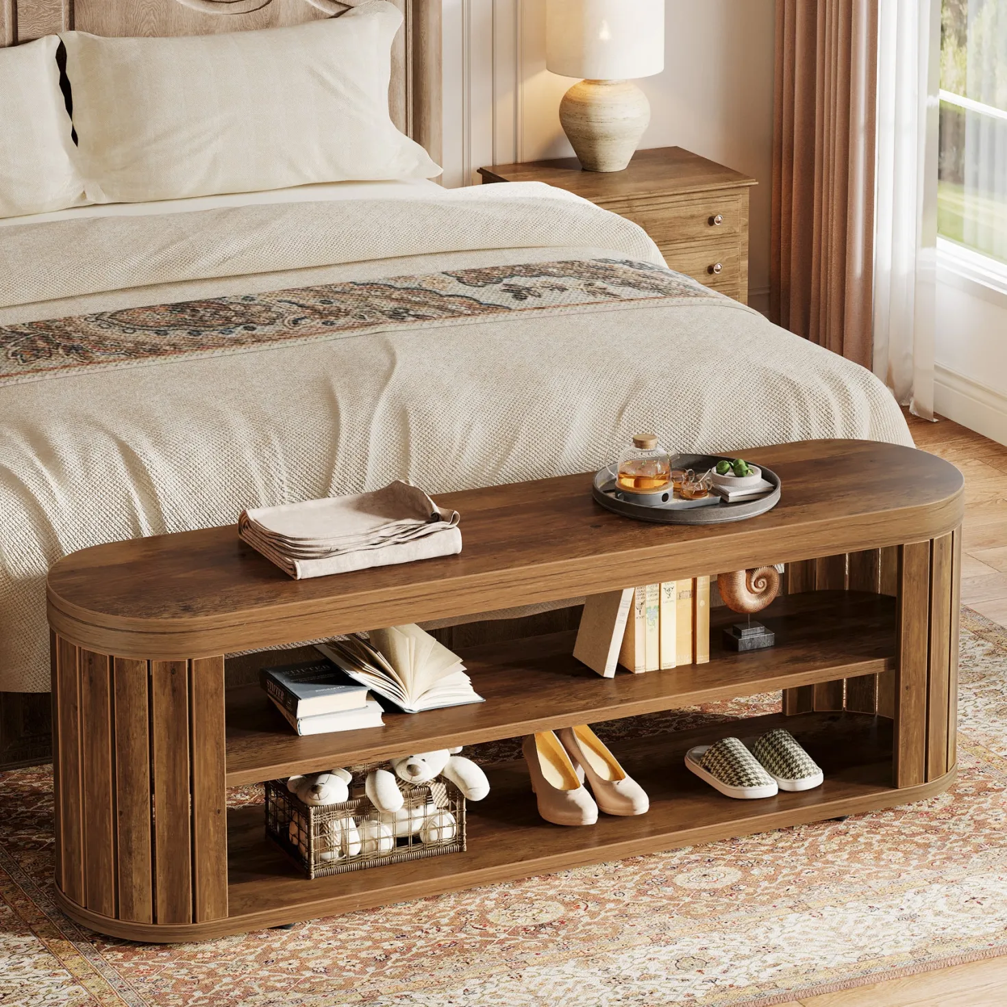 47.2" Entryway Bench, 2-Tier Shoe Bench End of Bed Stool with Storage