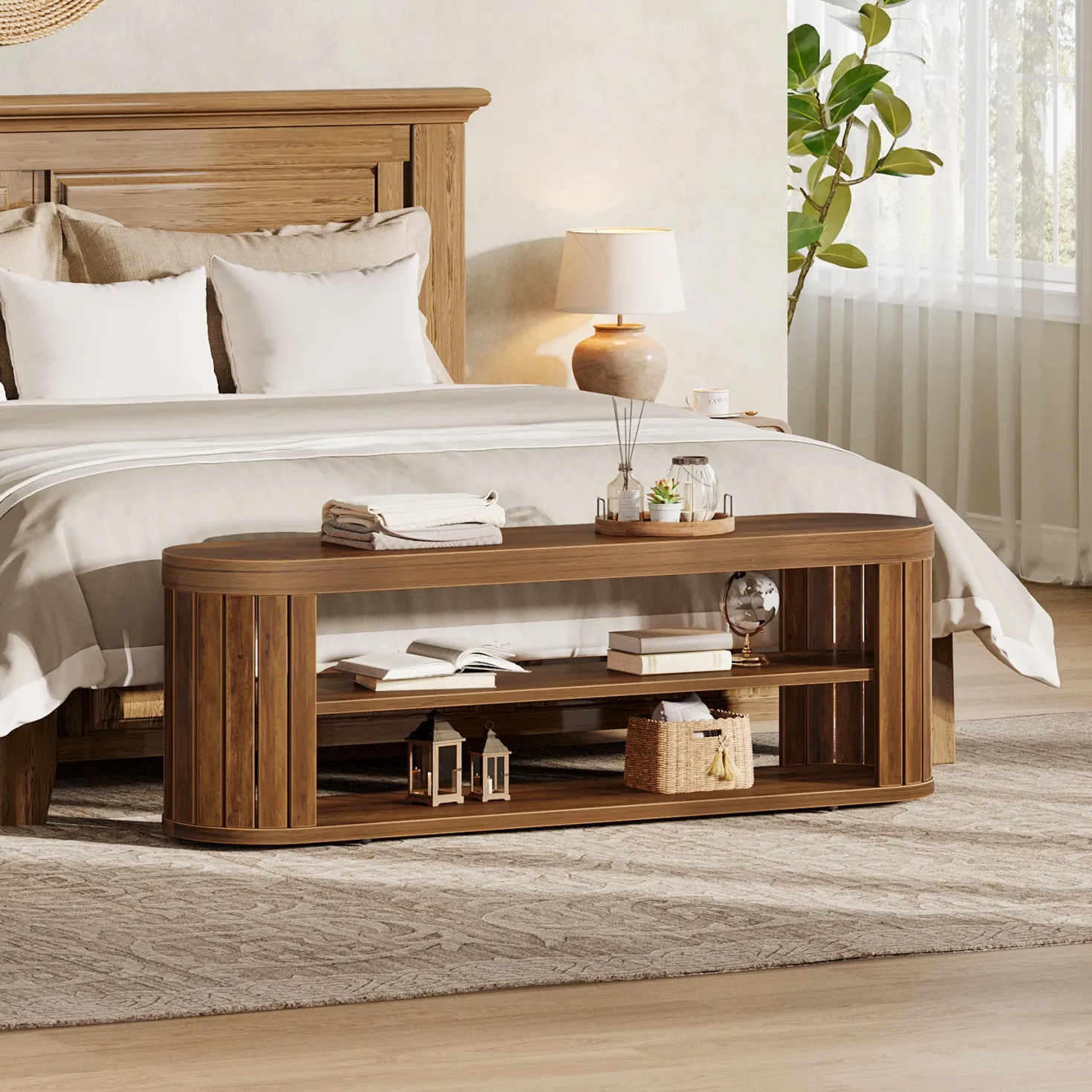 47.2" Entryway Bench, 2-Tier Shoe Bench End of Bed Stool with Storage