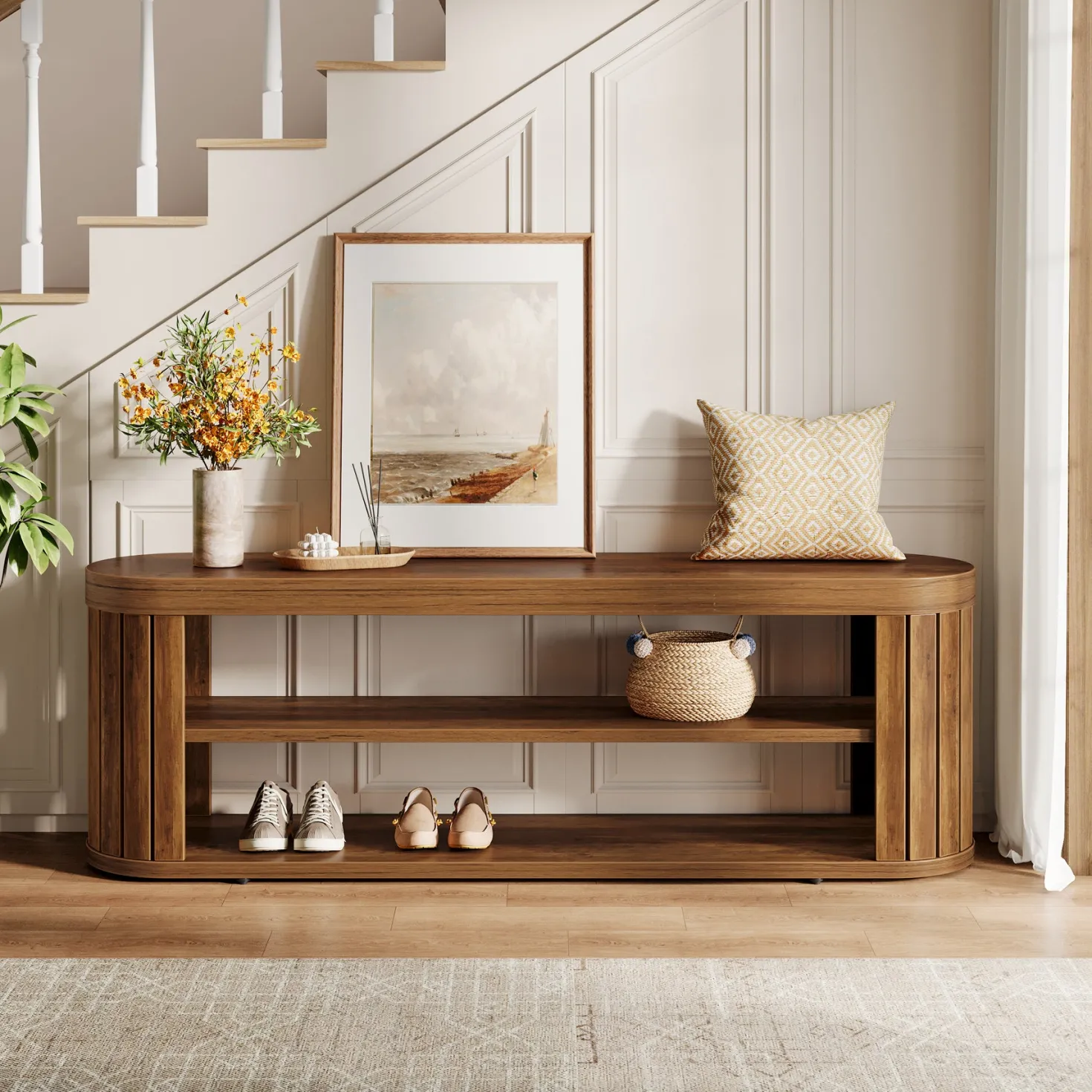 47.2" Entryway Bench, 2-Tier Shoe Bench End of Bed Stool with Storage