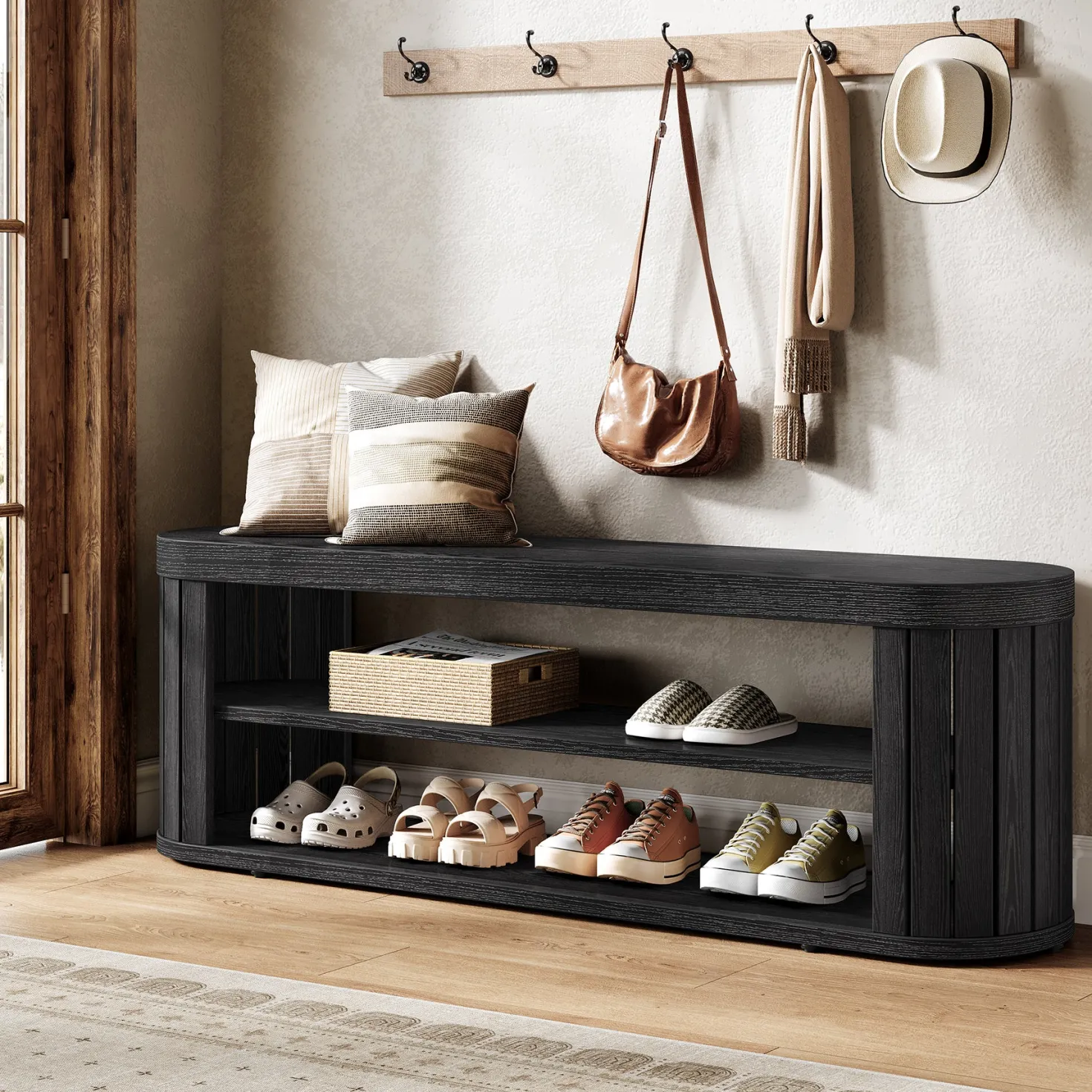 47.2" Entryway Bench, 2-Tier Shoe Bench End of Bed Stool with Storage