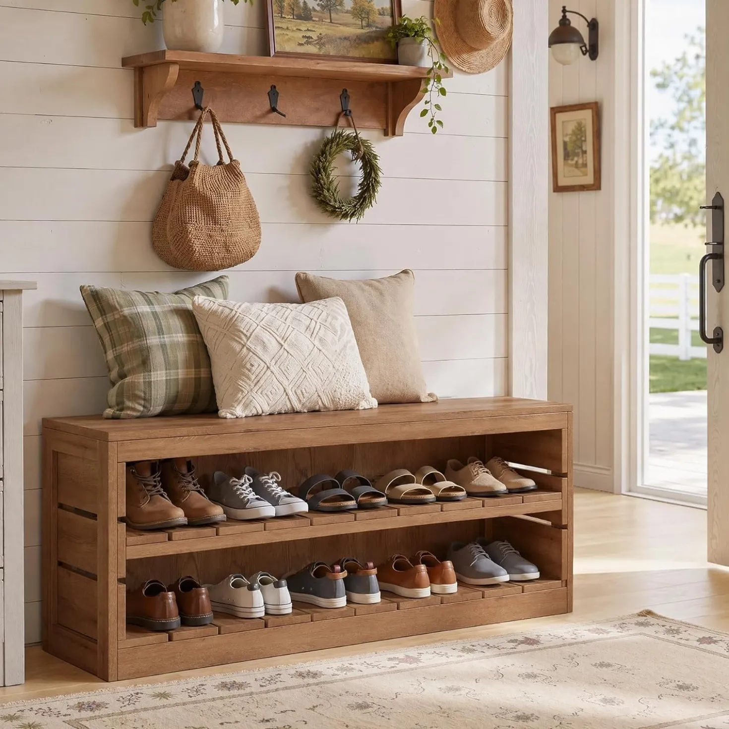 63“ Entryway Bench, 3-Tier Solid Wood Shoe Bench with Open Storage for Living Room